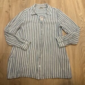 Soft Surroundings Aqua Blue Stripe Escambia Cotton Gauze Tunic Shirt Size Large